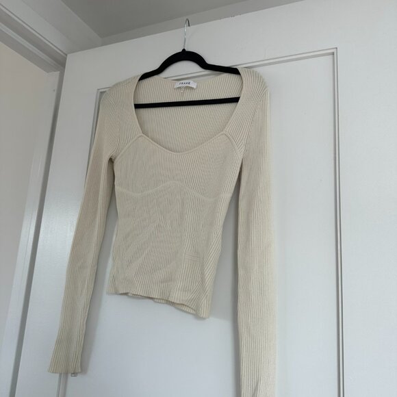 Frame Long Sleeve Top Rib Knit Fitted Scooped Square Neckline Size Small In Bone - Picture 5 of 10